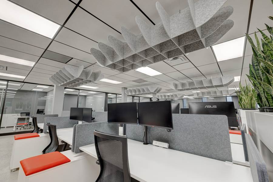 Espace de travail dédié avec cloisons murales dans un bureau à espace ouvert bien éclairé